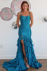 Load image into Gallery viewer, Sparkly Blue Mermaid Beaded Tiered Long Prom Dress with Slit