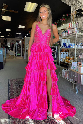 Fuchsia Spaghetti Straps A Line Beaded Ruffled Long Prom Dress with Slit