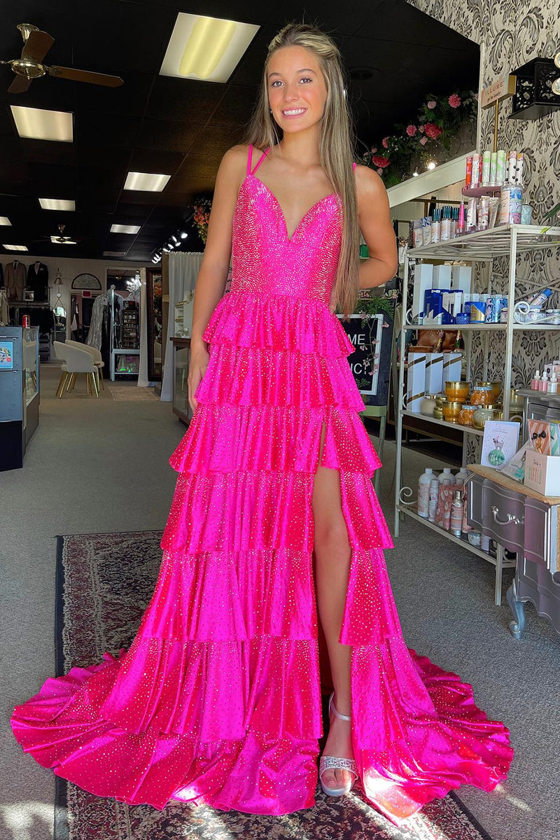 Load image into Gallery viewer, Fuchsia Spaghetti Straps A Line Beaded Ruffled Long Prom Dress with Slit