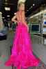 Load image into Gallery viewer, Fuchsia Spaghetti Straps A Line Beaded Ruffled Long Prom Dress with Slit