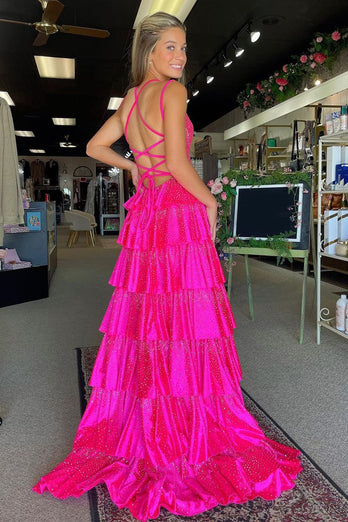 Fuchsia Spaghetti Straps A Line Beaded Ruffled Long Prom Dress with Slit