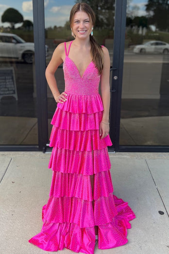 Fuchsia Spaghetti Straps A Line Beaded Ruffled Long Prom Dress with Slit