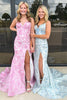 Load image into Gallery viewer, Pink V Neck Floral Mermaid Long Corset Prom Dress with Slit