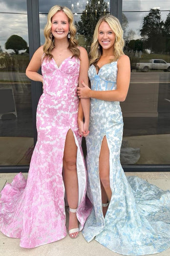 Pink V Neck Floral Mermaid Long Corset Prom Dress with Slit