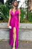 Load image into Gallery viewer, Fuchsia Spaghetti Straps Sheath Satin Ruched Long Prom Dress with Slit