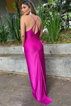 Fuchsia Spaghetti Straps Sheath Satin Ruched Long Prom Dress with Slit