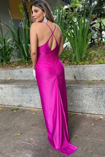 Fuchsia Spaghetti Straps Sheath Satin Ruched Long Prom Dress with Slit