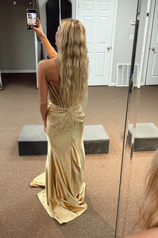 Sparkly Beaded Golden Corset Strapless Long Prom Dress with Slit