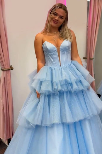 Strapless Tiered Blue Corset Long Prom Dress