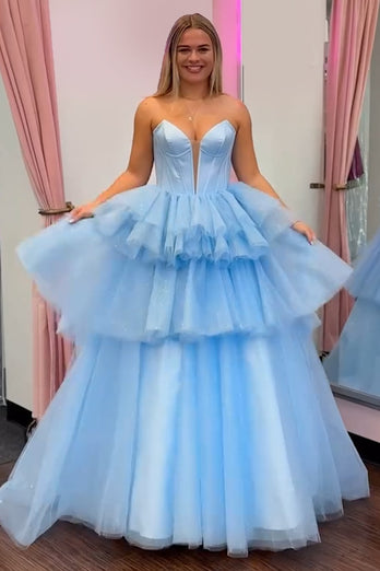 Strapless Tiered Blue Corset Long Prom Dress