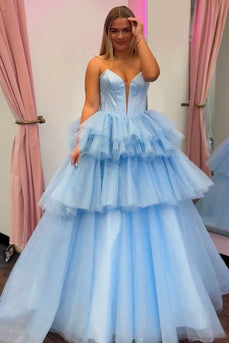 Strapless Tiered Blue Corset Long Prom Dress