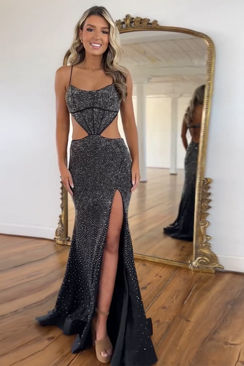 Sparkly Beaded Hollow Out Black Prom Dress with Slit