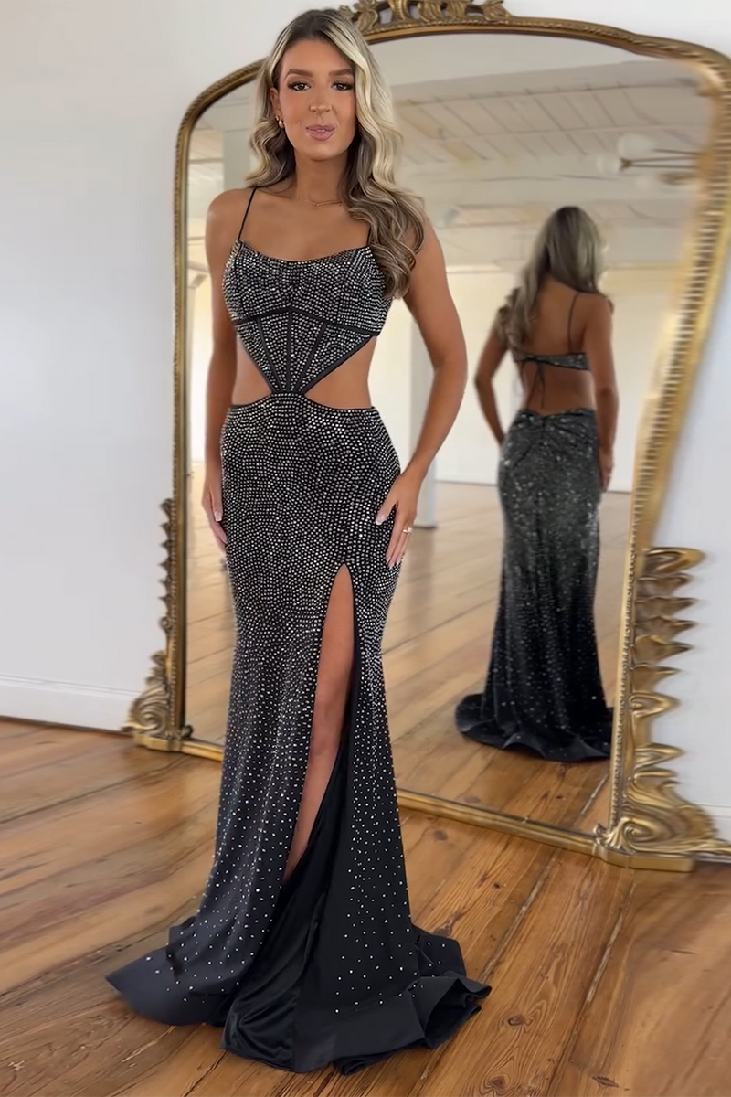 Load image into Gallery viewer, Sparkly Beaded Hollow Out Black Prom Dress with Slit