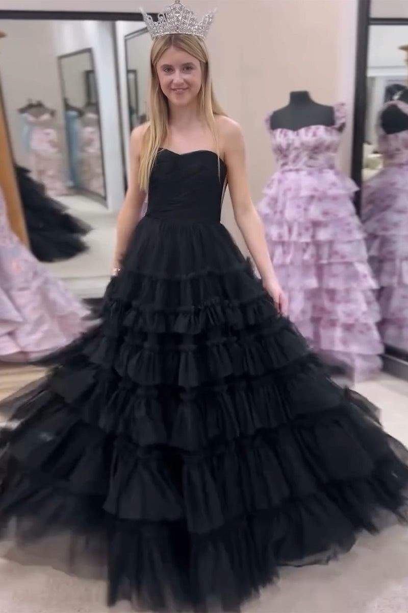 Load image into Gallery viewer, A Line Strapless Black Tiered Long Prom Dress