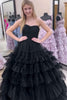 Load image into Gallery viewer, A Line Strapless Black Tiered Long Prom Dress