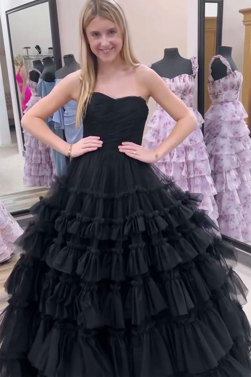 Load image into Gallery viewer, A Line Strapless Black Tiered Long Prom Dress