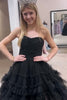 Load image into Gallery viewer, A Line Strapless Black Tiered Long Prom Dress