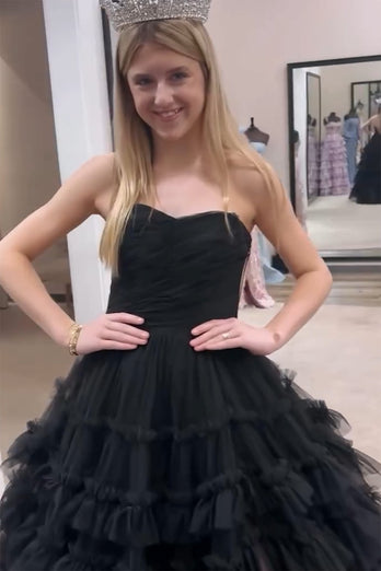 A Line Strapless Black Tiered Long Prom Dress