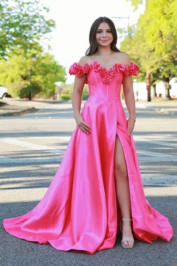 Red Rose A Line Corset Off the Shoulder Prom Dress with Slit