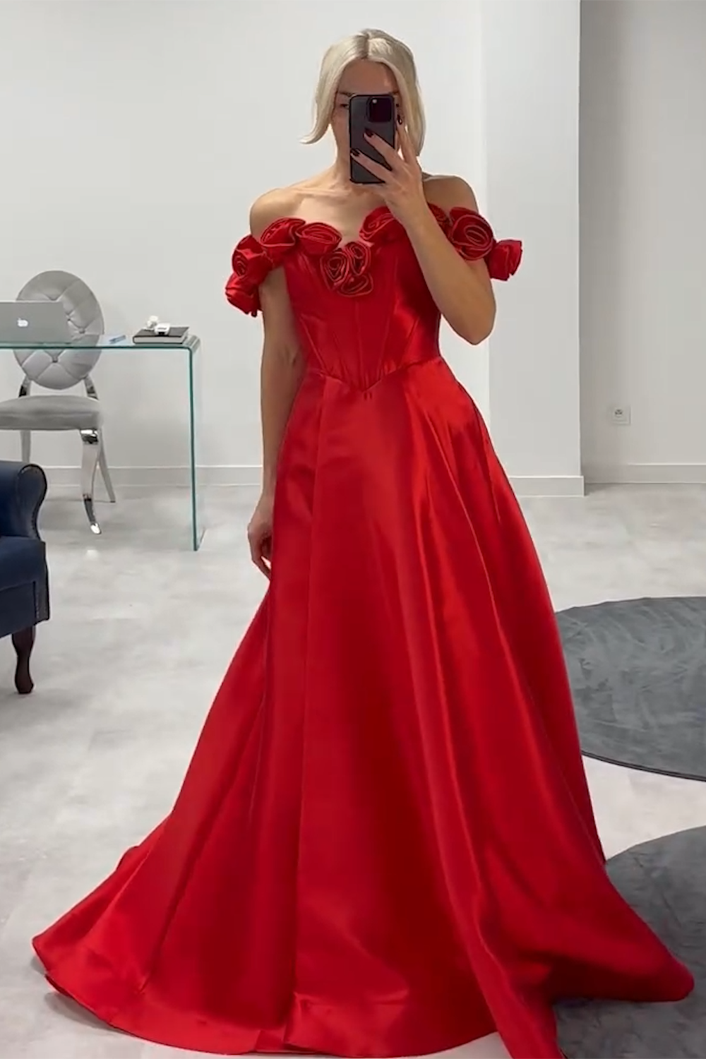 Red Rose A Line Corset Off the Shoulder Prom Dress with Slit