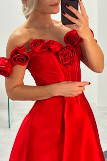 Red Rose A Line Corset Off the Shoulder Prom Dress with Slit