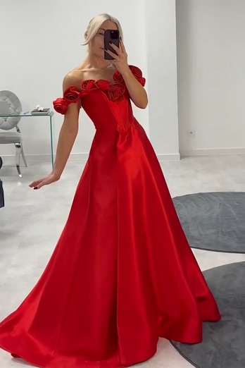 Red Rose A Line Corset Off the Shoulder Prom Dress with Slit