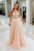 Load image into Gallery viewer, Pink Tiered A Line Sparkly Beaded Corset Prom Dress with Slit