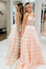 Load image into Gallery viewer, Pink Tiered A Line Sparkly Beaded Corset Prom Dress with Slit