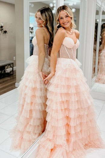 Pink Tiered A Line Sparkly Beaded Corset Prom Dress with Slit