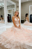 Load image into Gallery viewer, Pink Tiered A Line Sparkly Beaded Corset Prom Dress with Slit