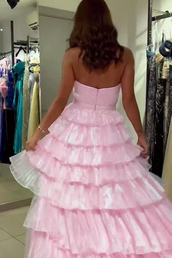 Sparkly Pink V Neck Tiered A Line Prom Dress