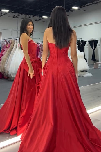 Red A Line Strapless Corset Long Prom Dress with Slit