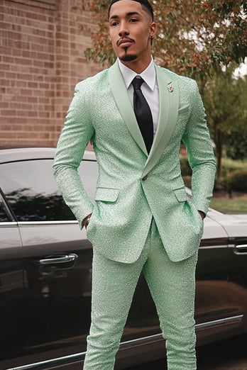 Shawl Lapel Light Green Sparkly Beaded 2 Pieces Men's Suits with One Button