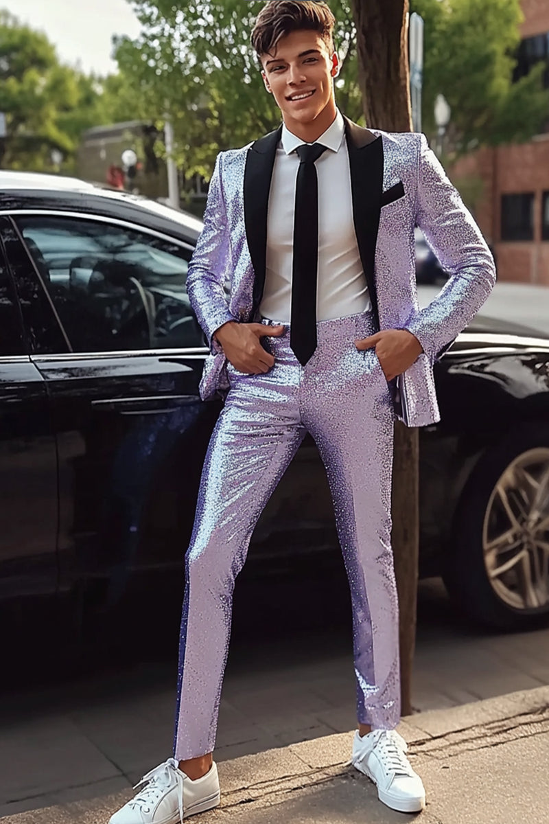 Load image into Gallery viewer, Glitter Purple Peak Lapel 2 Pieces Men&#39;s Prom Suits