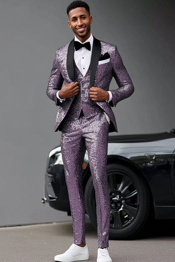 Shawl Lapel 3 Pieces Glitter Purple Men's Prom Suits