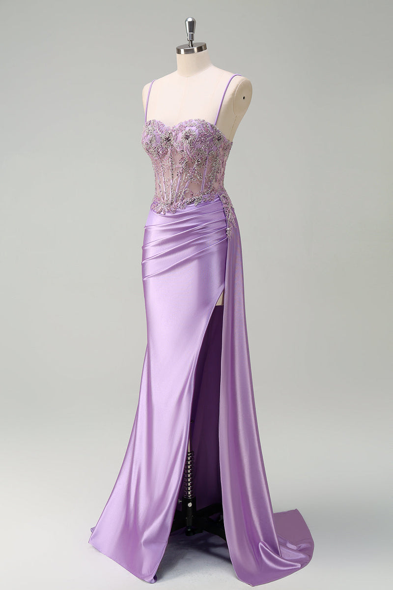 Load image into Gallery viewer, Purple Mermaid Sheer Ruched Corset Prom Dress