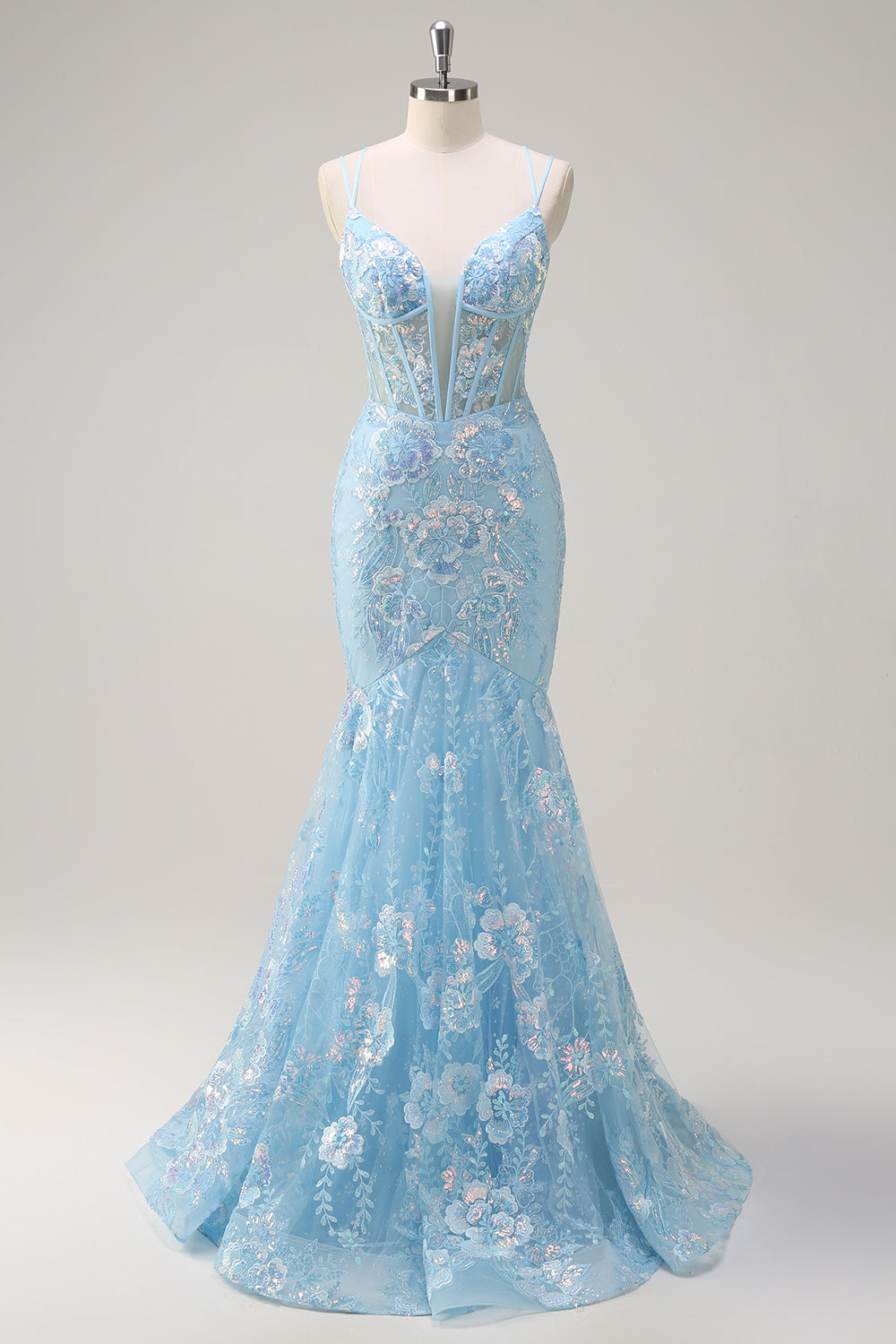 Blue Mermaid Sequin Corset Long Prom Dress with Embroidery