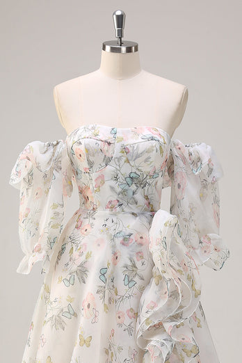 White Floral A Line Off The Shoulder Print Long Prom Dress