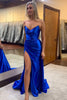 Load image into Gallery viewer, Royal Blue V Neck Mermaid Ruched Long Prom Dress with Slit