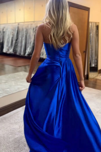 Royal Blue V Neck Mermaid Ruched Long Prom Dress with Slit