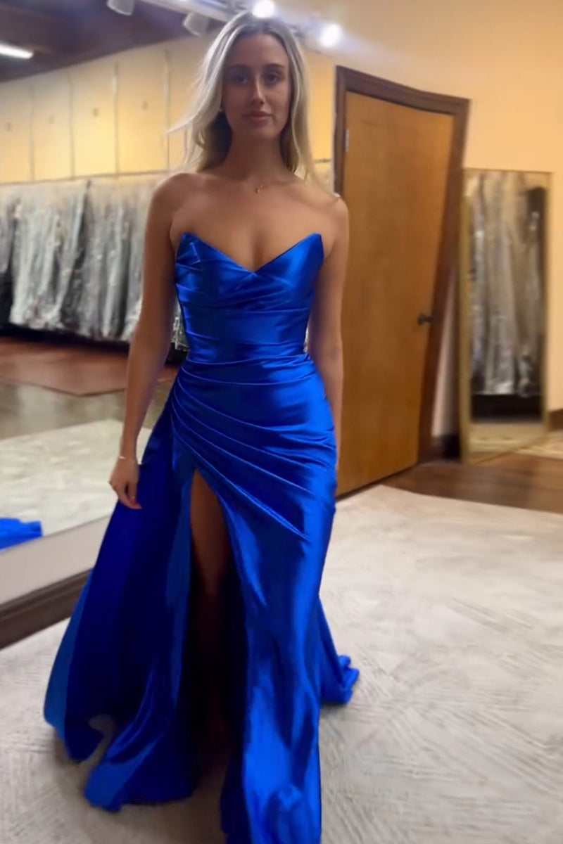 Load image into Gallery viewer, Royal Blue V Neck Mermaid Ruched Long Prom Dress with Slit