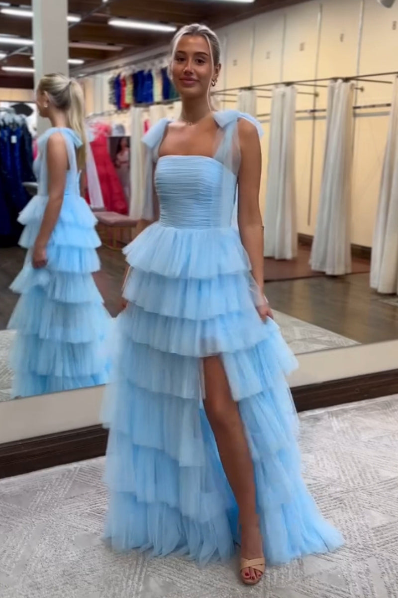 Load image into Gallery viewer, A Line Blue Tiered Spaghetti Straps Long Prom Dress with Slit