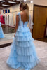 Load image into Gallery viewer, A Line Blue Tiered Spaghetti Straps Long Prom Dress with Slit