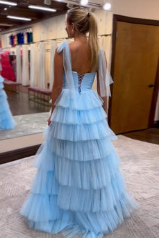 A Line Blue Tiered Spaghetti Straps Long Prom Dress with Slit