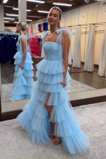 A Line Blue Tiered Spaghetti Straps Long Prom Dress with Slit