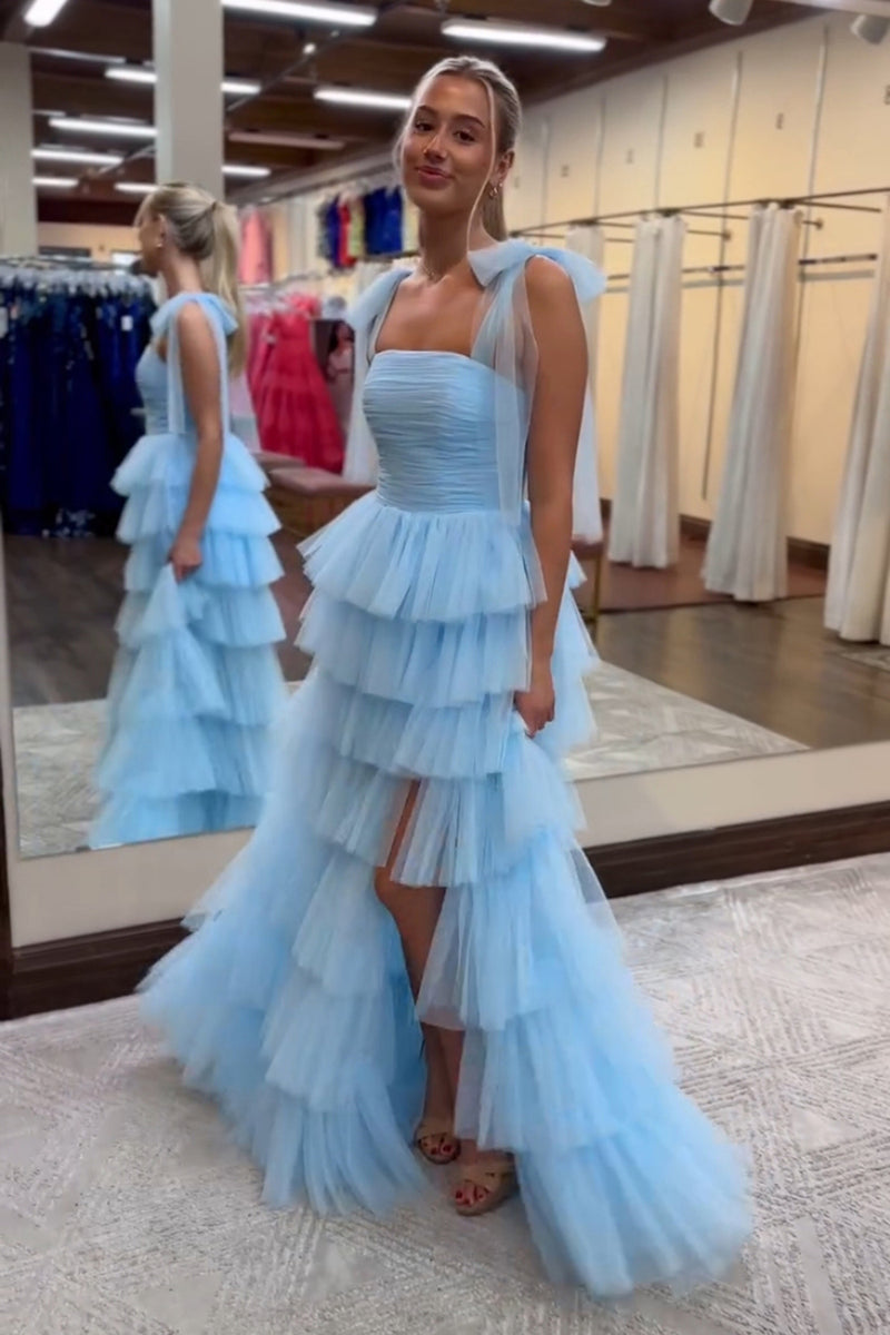 Load image into Gallery viewer, A Line Blue Tiered Spaghetti Straps Long Prom Dress with Slit