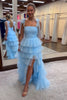 Load image into Gallery viewer, A Line Blue Tiered Spaghetti Straps Long Prom Dress with Slit