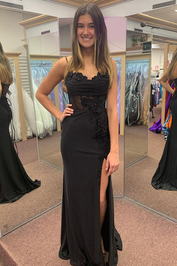 Spaghetti Straps Beaded Black Appliques Mermaid Long Prom Dress with Slit