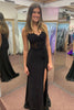 Load image into Gallery viewer, Spaghetti Straps Beaded Black Appliques Mermaid Long Prom Dress with Slit