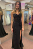 Load image into Gallery viewer, Spaghetti Straps Beaded Black Appliques Mermaid Long Prom Dress with Slit